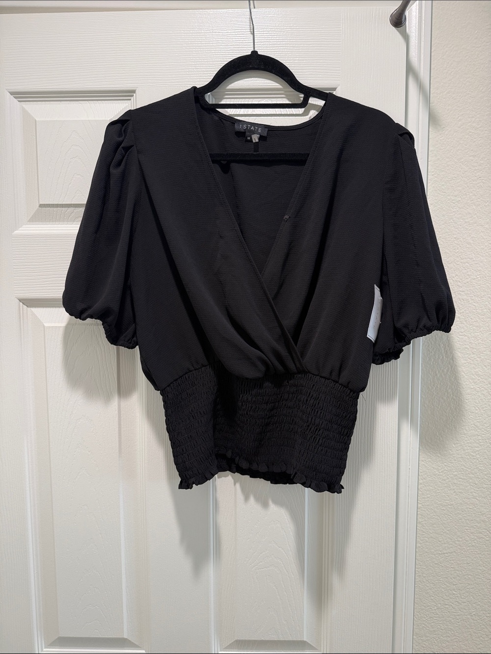 1. State Black V-Neck Puff Sleeve Smocked-Waist Blouse